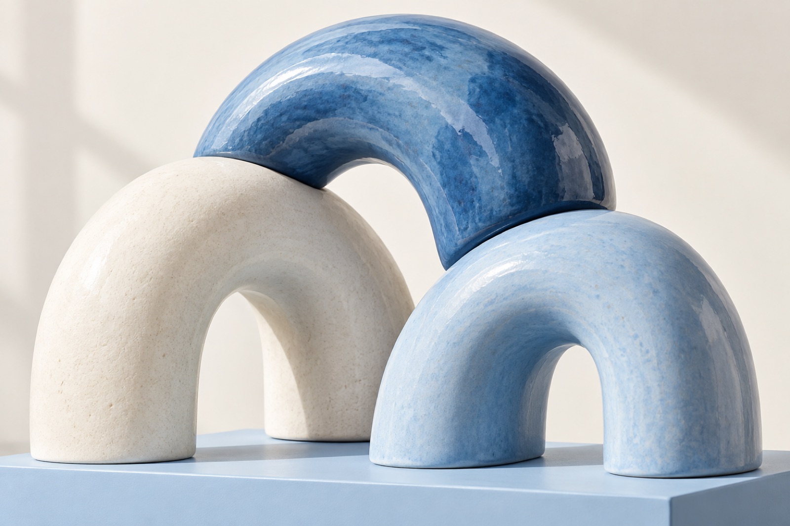 Decorative blue and ivory ceramic arches, a conceptual illustration of connection.