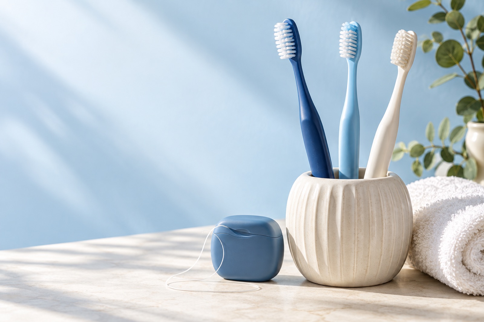 Conceptual blue and ivory toothbrushes in a ceramic holder, with floss and a towel.