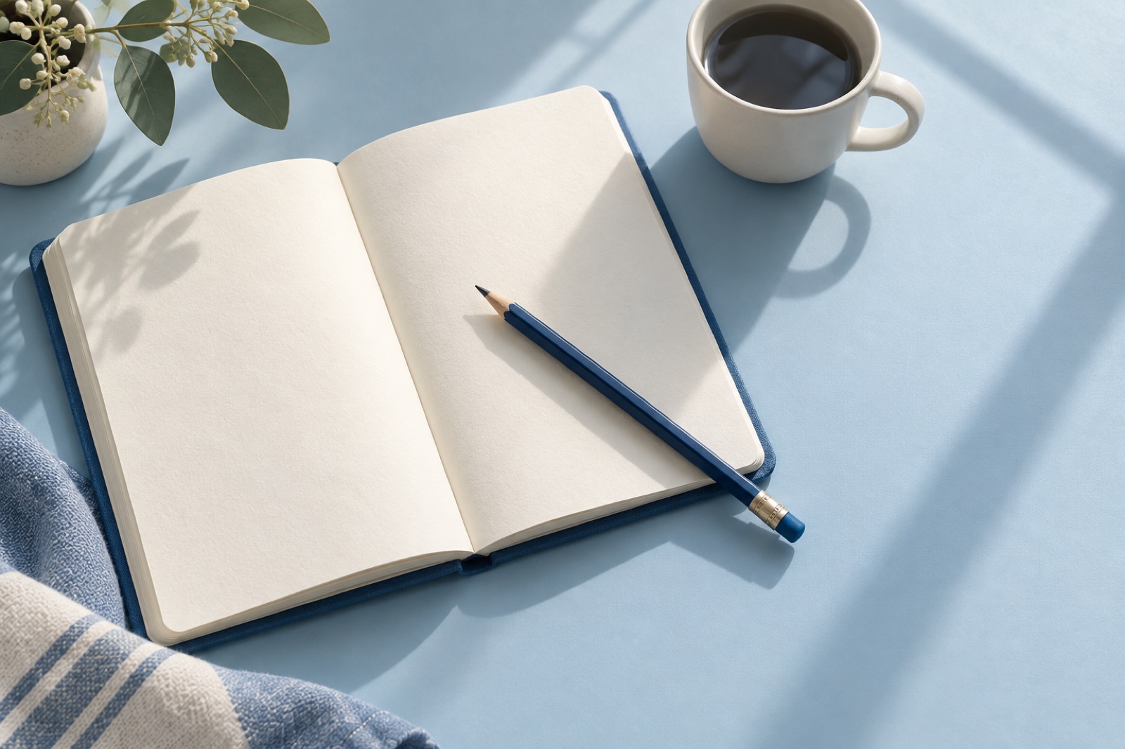 Conceptual notebook and blue pencil for preparing questions, not a photograph of the office.
